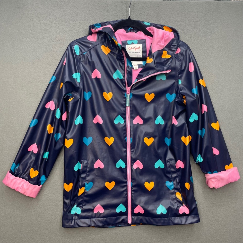 Cat & Jack Girls Raincoat Polyurethane Heart Print XL 14 Hooded Navy Pink Jacket